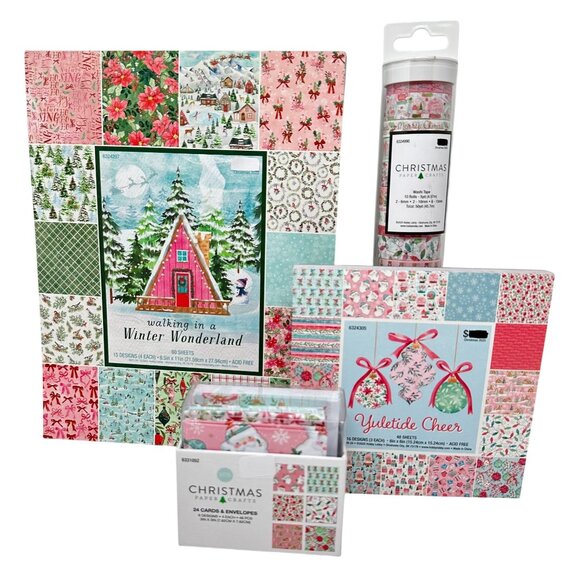 Christmas Paper Crafts Set Pink Holiday Scrapbook Holiday Packs Cards Washi Tape - Picture 1 of 9
